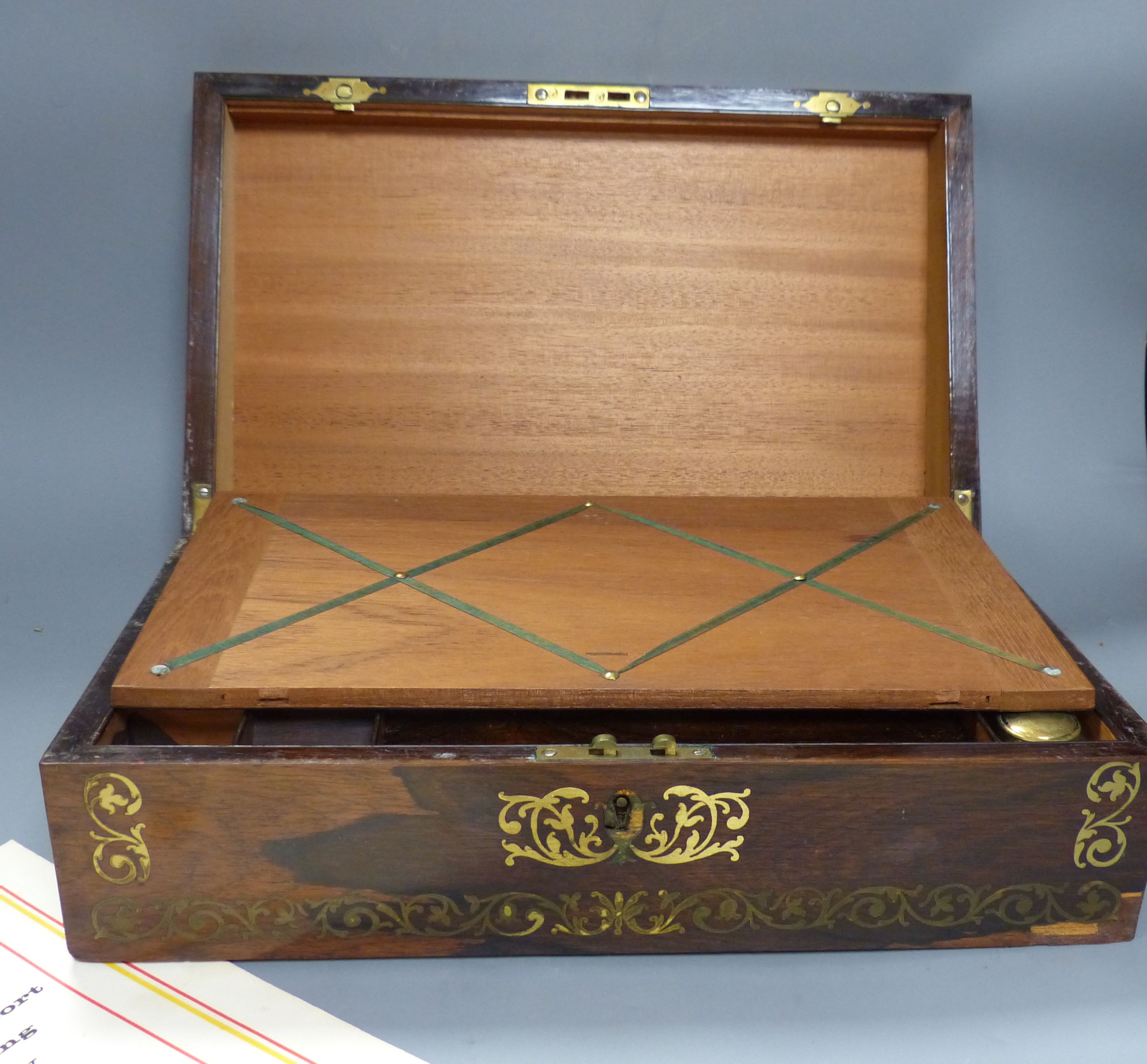 A Regency brass inlaid rosewood writing slope, length 41cm